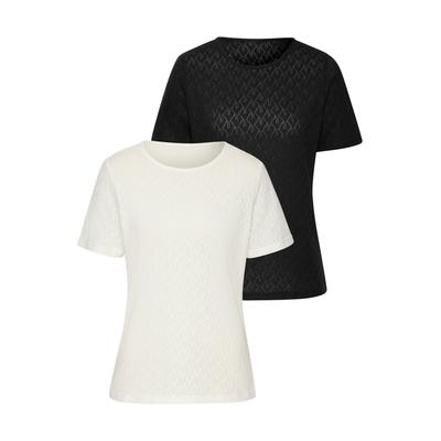 Kurzarmshirt VIVANCE "mit Ajour-Muster", Damen, Gr. 44/46, schwarz (creme, schwarz), Feinstrick, Obermaterial: 60% Baumwolle, 40% Polyester, figurumspielend, Rundhals, Shirts, aus Baumwoll-Qualität