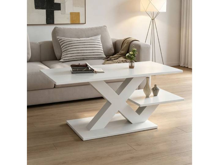Table basse Rectangle en blanc Pieds de table géométriques en forme X 100x48x45cm Double plan de travail Table Table de salon en MDF