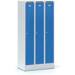 Metallspind S7 auf Sockel, 3 Abteile, 1904 x 900 x 500 mm, zerlegt, Zylinderschloss, blaue Tür