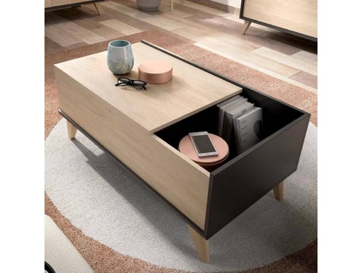 Dmora - Cuna Couchtisch, Wohnzimmer-Zeitungsständer mit Ablagefach, niedriger hochklappbarer Couchtisch, 99 x 60 x 41 cm, Anthrazit und Eiche