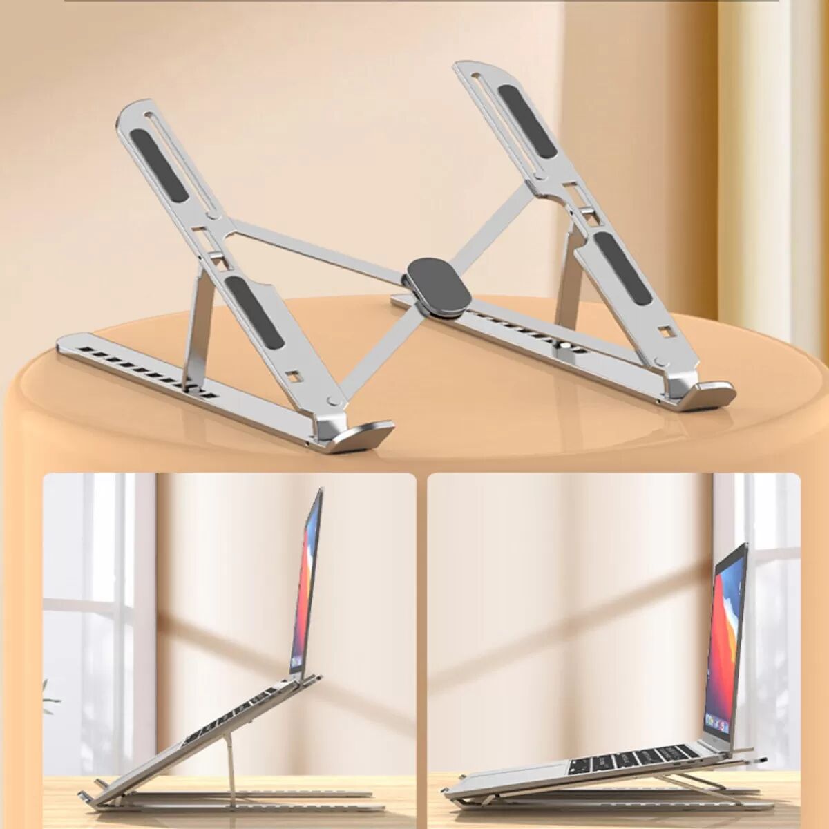 INF 10-fach verstellbarer Laptopständer aus Aluminium mit Tragetasche – Tragbarer Höhenversteller für 17-Zoll-Gaming-Laptops, Silber