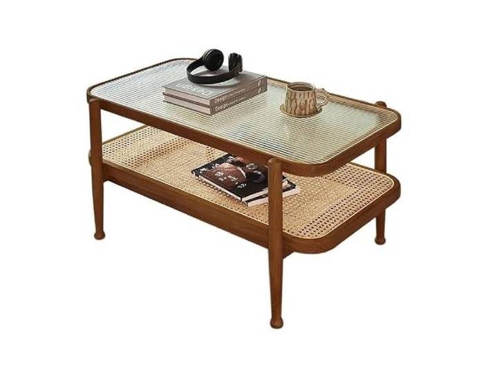 ksjdieunf Couchtisch Holz-Rattan-Couchtisch, doppellagiger Teetisch, modern, schlicht, for Zuhause, Wohnzimmer, Glastischplatte, Kleiner Tische for Wohnzimmer(C)