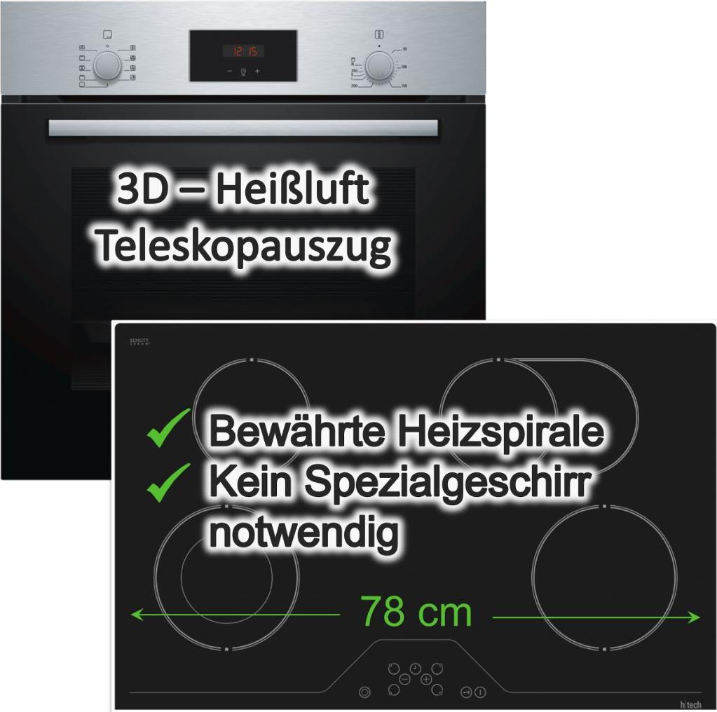 Herdset Bosch Backofen Teleskopauszug 3D-Heißluft Versenkknebel + h|tech 78cm Glaskeramik Kochfeld Bräterzone