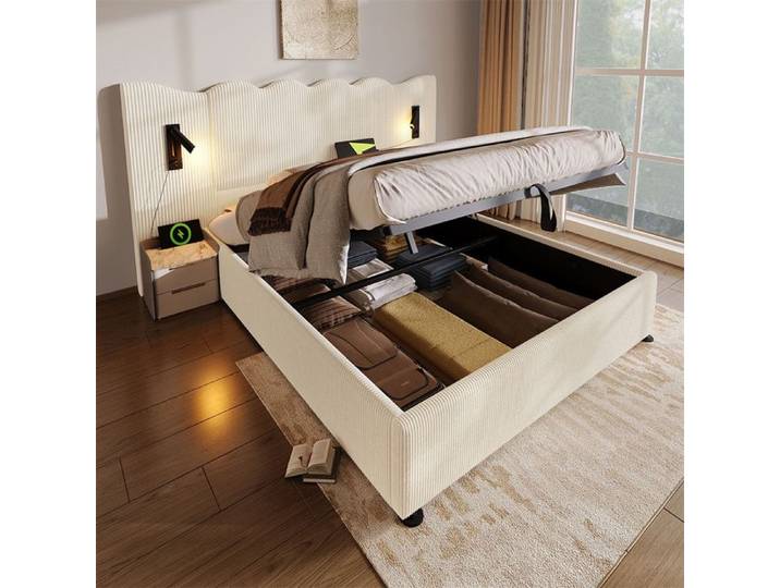 DRIPEX Lit rembourré en velours côtelé 180×200cm Lit double avec lampe led et prise USB Type-C Beige