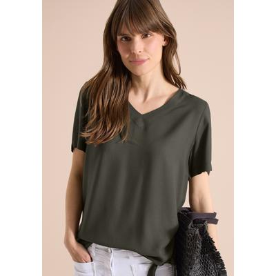 Kurzarmbluse CECIL, Damen, Gr. L (42), khaki, Stoff, 100% Viskose, unifarben, klassisch normal, V-Ausschnitt, normaler Saum, Blusen, mit Knotendetail am Saum