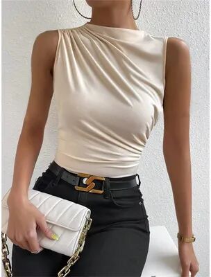 Discount Dollar Deals Fashion Casual Mock Neck Ruched Tank Top For Women, Summer Solid Color Pleated Sleeveless Tee Shirt, Stylish Street beige m