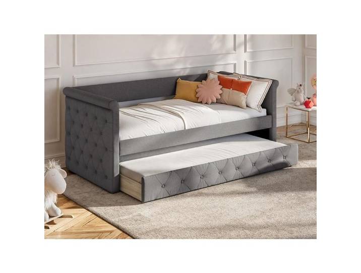 Lit gigogne capitonné LOUISE - Gris - 2x90x190cm