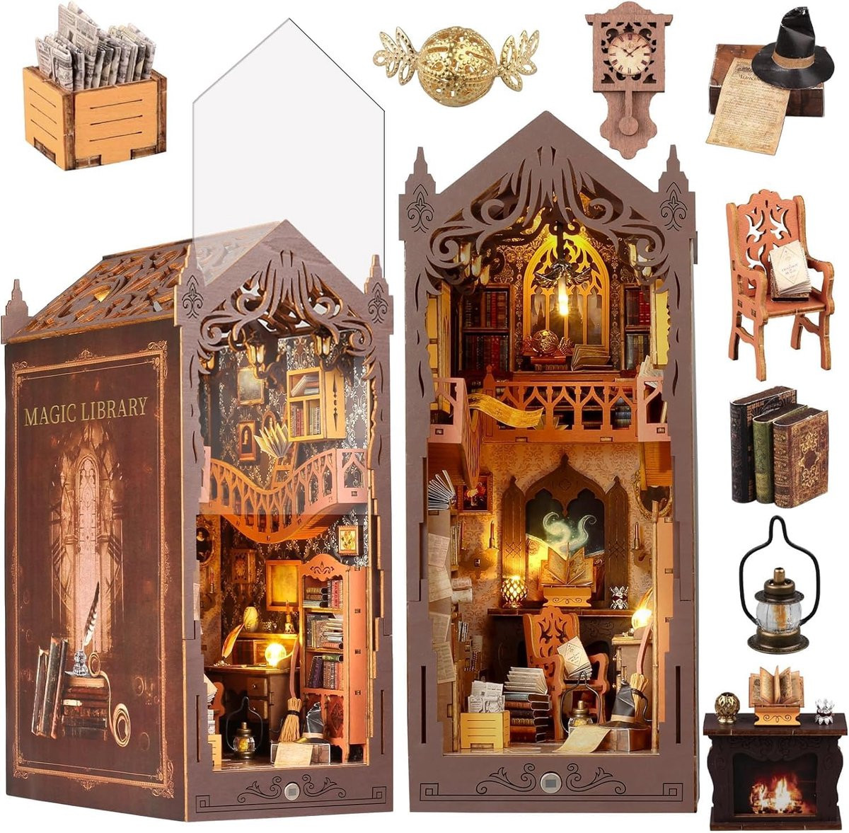 Bruin Miniatuur Huis voor Boekenplank Decoratie met LED Licht - 18 x 11 cm