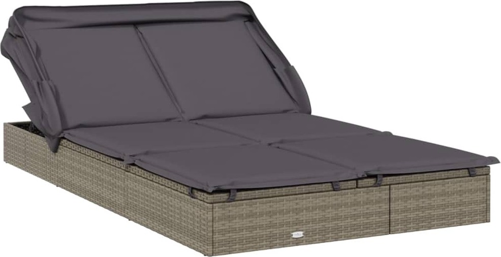 Garten-Sofabett für 2 Personen, verstellbare Sonnenliege mit Faltdach, PE-Rattan & pulverbeschichteter Stahl, Grau, 213x118x97 cm