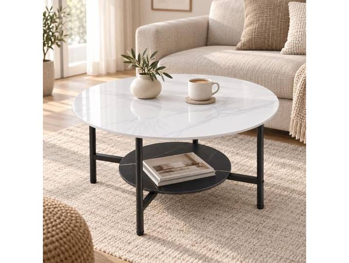 Table basse - UNHO - Ronde 2 niveaux - Plateau 80 cm en pierre sinterisée - Blanc et noir - Structure métal