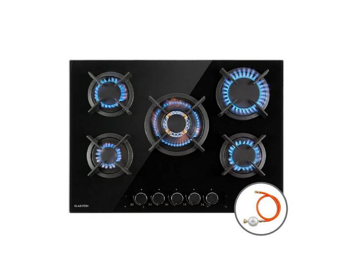 Klarstein Gas-Kochfeld Goldflame 5 Gaskochfeld 5-flammig 10,4 kW Messing Erdgas Glas 10034973, Einbau Gas Kochfeld Gasherd 5 Platten Kochplatte Einbaukochfeld