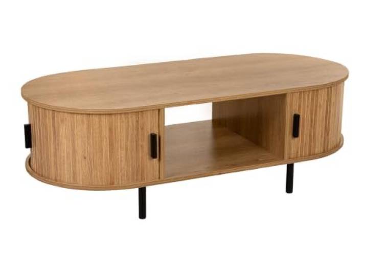 DI DEKORACJE IRYS Ovaler Couchtisch mit geriffelten Fronten, Boho-Eiche, Schwarze Griffe, 120 cm