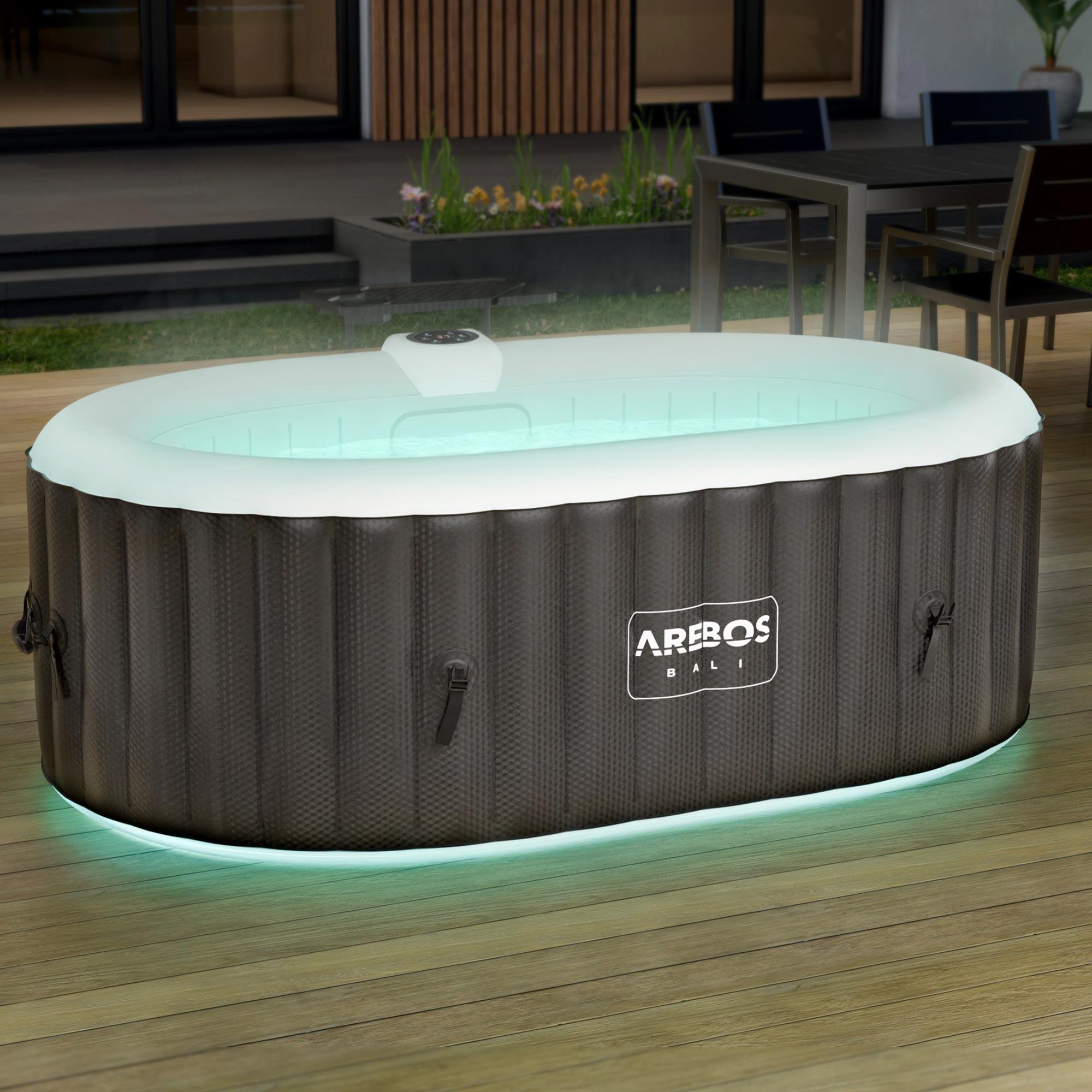 AREBOS Whirlpool aufblasbar 190x120 cm oval für 2 Personen mit Heizung, LED-Beleuchtung, 90 Massagedüsen, 550 l, Abdeckung, Bubble Spa