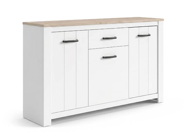 Bahut 3 portes 1 tiroir Elara Blanc Mat/chene Blanchi - Basika