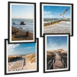 BILDER SET 4er Set - 50x50 cm & 40x60 cm Schwarzer Rahmen - Strandwellen, Himmelsbrücke, Spaziergang