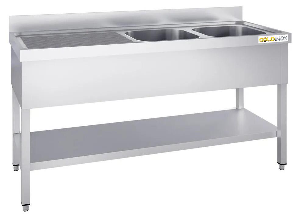 Edelstahl-Spüle, 1400 x 700 mm, mit 2 Becken auf der rechten Seite und Abtropfbereich auf der linken Seite, - GOLDINOX