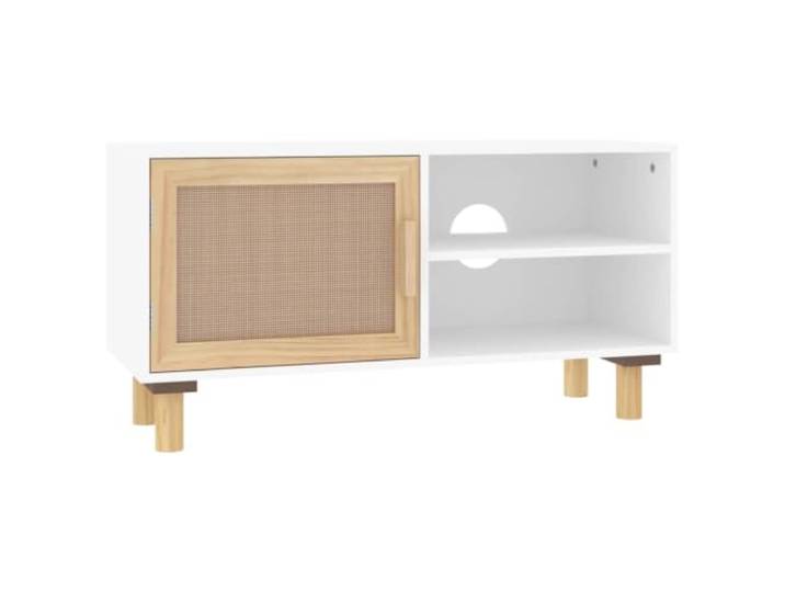 Roanoer TV-Schrank Weiß 80x30x40 cm Fernsehtisch Rattan Holz Kompakter Lowboard Mediaschrank mit Wiener Geflecht Türen und Kiefernbeinen für Ordnung im Wohnzimmer und Schlafzimmer.