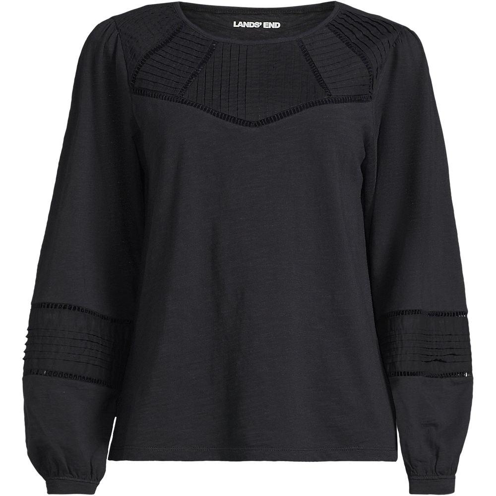 Flammgarn-Shirt mit Biesen-Verzierung für Damen, Damen, size: regular, Schwarz, Baumwolle, by Lands' End