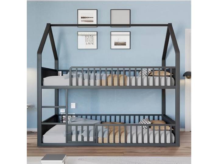 Bellemave Kinder-Etagenbett 140×200 cm, Metallrahmen, Stockbett, Schwarz Etagenbett im Haus-Design, mit Kletterleiter und einer kleinen Tür, Kinder-Familienbett, ohne Matratze