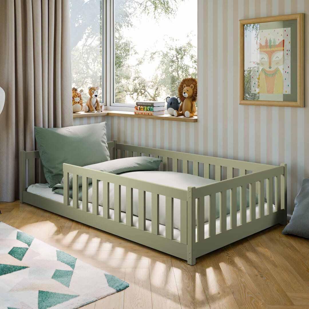 Harriet Bee Montessori Wooden Bed Otis EU Small Double – Floor-Hugging Pine, Contemporary Secure Frame & Slat Kit Olive