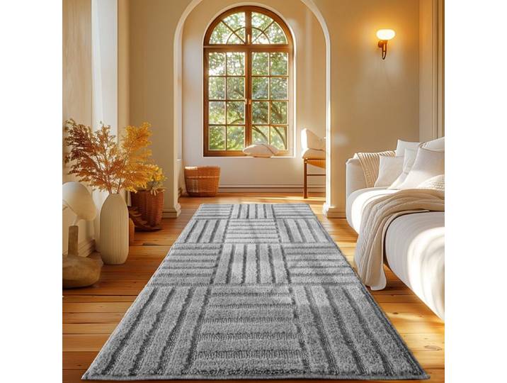Carpetsale24 Tapis Coureur 80x250 cm Gris Scandi Boho à Carreaux Shaggy Doux Moelleux Effet Relief Moderne Facile à Nettoyer