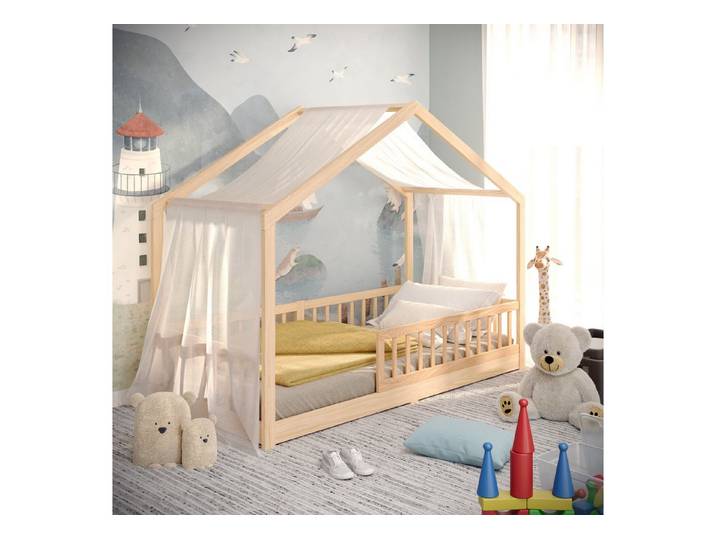 CADANI Kinderbett Malte Hausbett Bodenbett Rausfallschutz abnehmbar bis 200 kg belastbar (90x200 cm, Montessori Kinder- & Jugendbett aus Kiefer Massivholz), inkl. stabilem Roll-Lattenrost, langfristig nutzbar, Natur