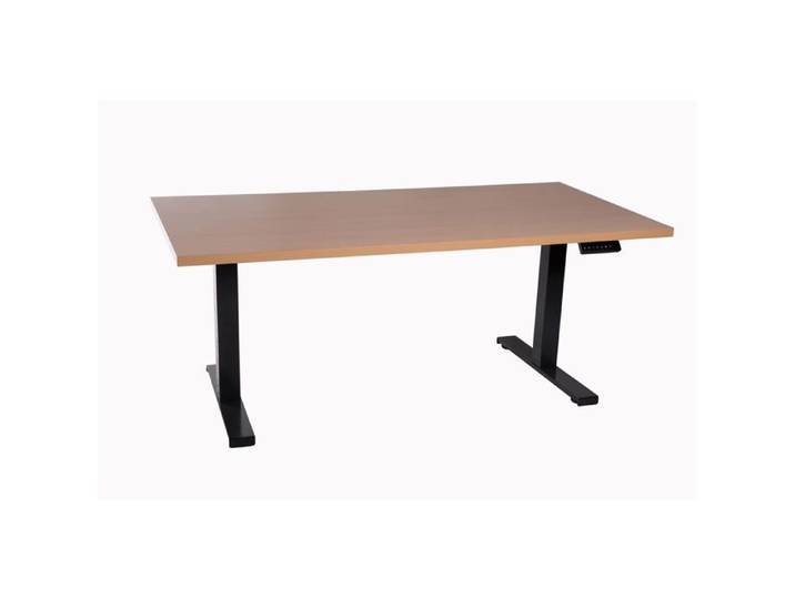 Bureau réglable en hauteur noir avec plateau mélaminé décor hêtre 160x80cm