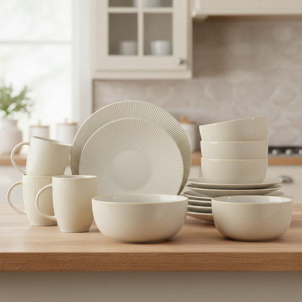 Waterside 16pc Reactive Glaze Porcelain Dinner Set Cream 16