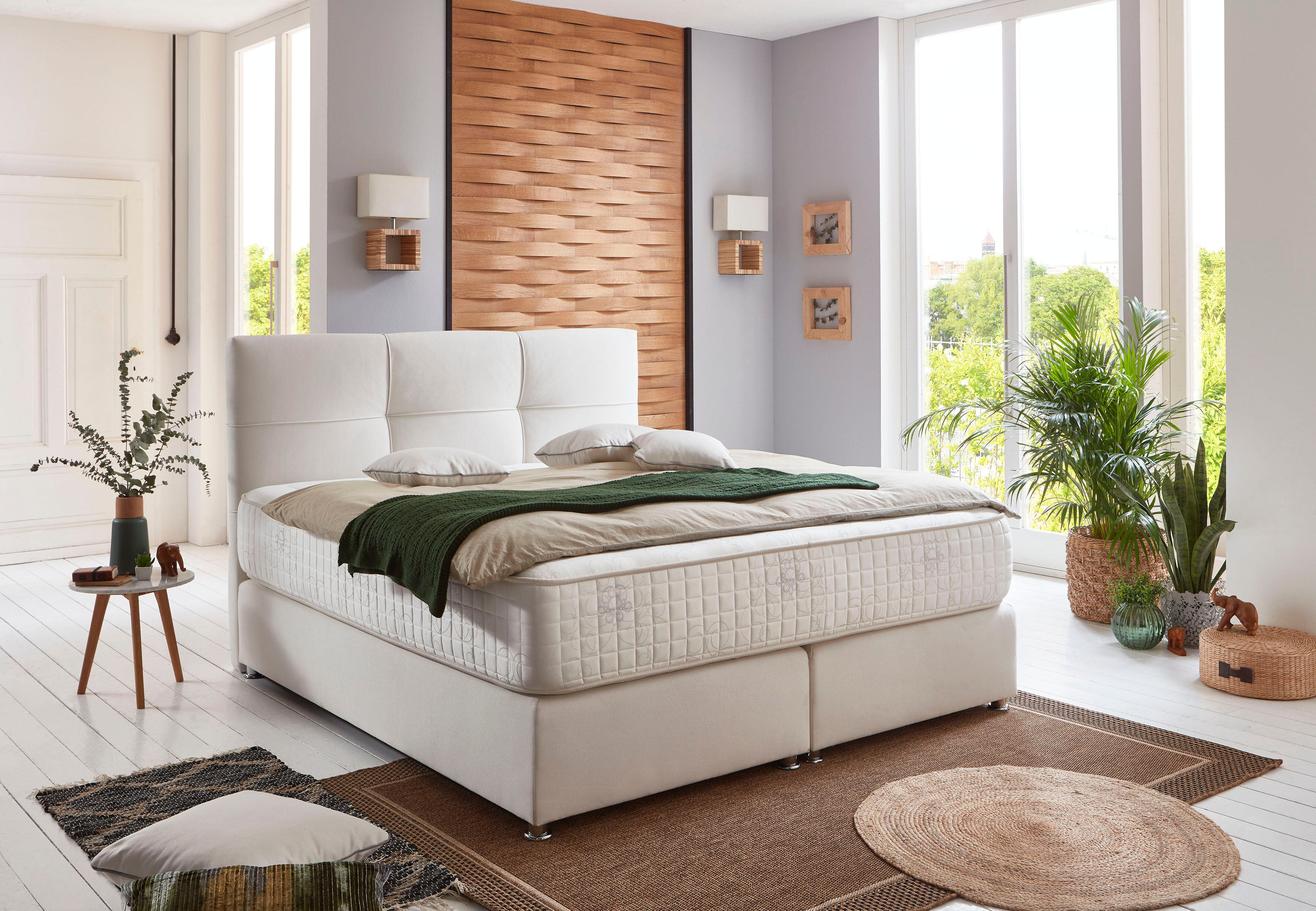 Boxspringbett GRÜNE BETTEN "Alina", beige (creme, weiß), B:180cm L:207cm, Bezug Bett: Strukturstoff (100% Polyester);Bezug Matratzenspiegel: Jersey antiallergisch (Viscose), Komplettbetten, Boxspringbett, mit Tonnentaschenfederkern-Matratze, 100% vegan cr