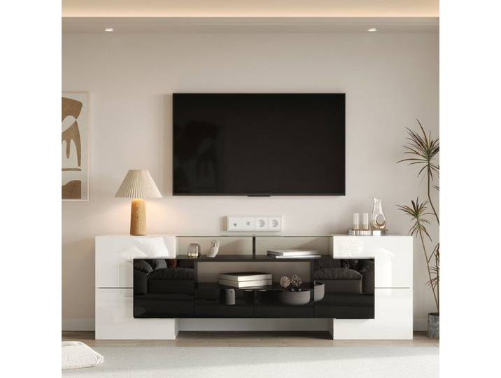 Meuble TV - 200 cm - Blanc brillant - Noir - Éclairage LED