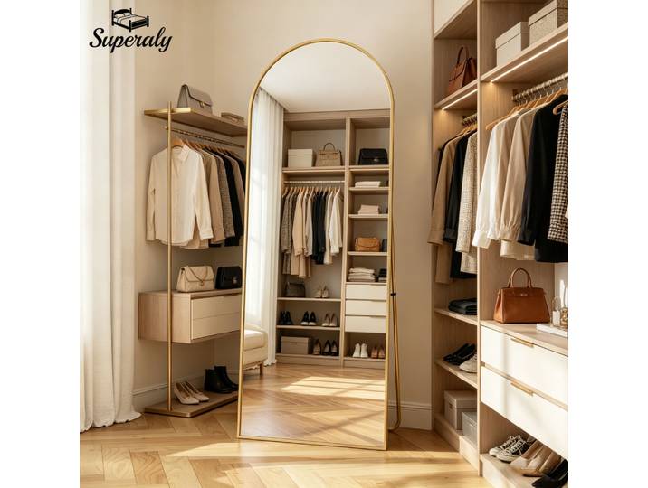 Miroir pleine longueur en verre trempé Superaly, miroir autoportant incurvé avec cadre en alliage d'aluminium, miroirs décoratifs, décoration de chambre
