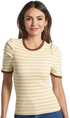 Masseys Puff Sleeve Ribbed Tee (Size Small) Chocolate/Cream/Bone/Stripe, Cotton,Elastine