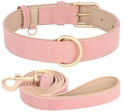 Uplift Essentials Sophisticated Padded PU Leather Dog Collar & Leash Set Adjustable Comfort Walk Kit pink