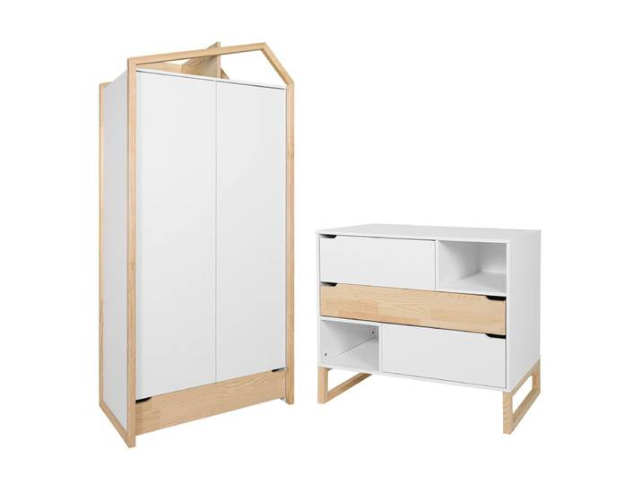 Commode 3 tiroirs et armoire 2 portes Bellamy Juliette Blanc et bois