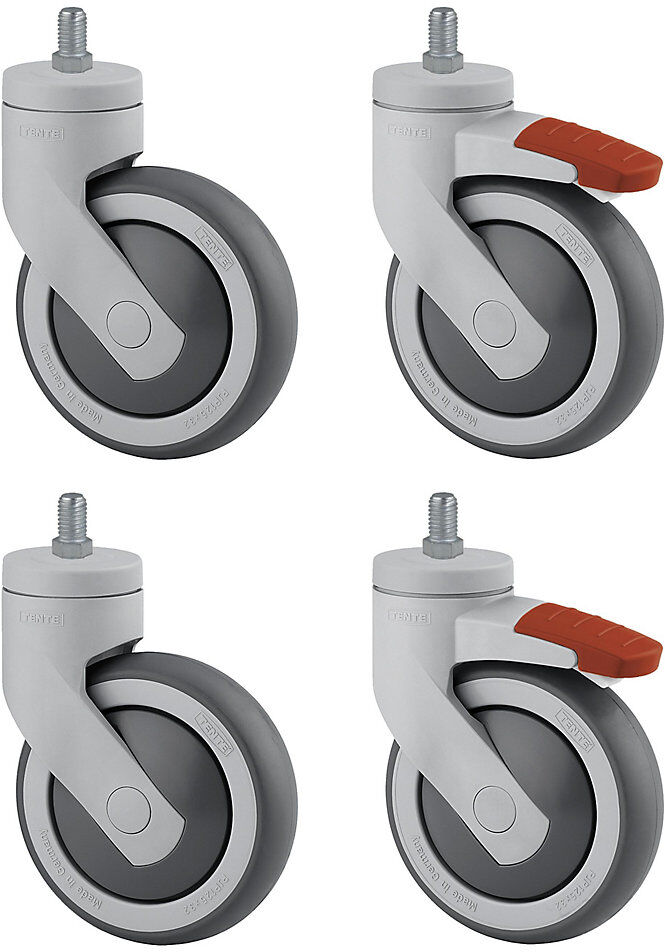 Kunststoffrolle, Set-Angebot, 2 Lenkrollen mit Doppelstopp und 2 Lenkrollen, Gewindestift, Rad-Ø x Breite 75 x 25 mm TENTE