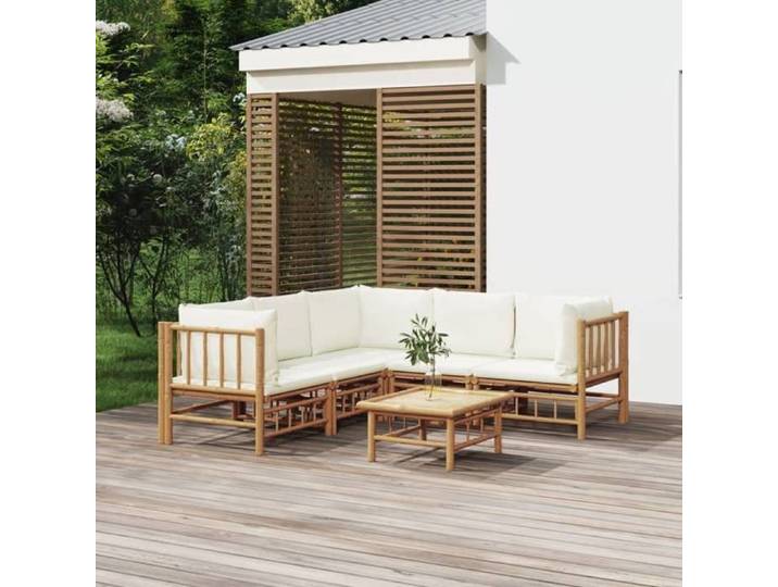 Salon de jardin 6 pcs avec coussins blanc crème bambou mobilier extérieur terrasse