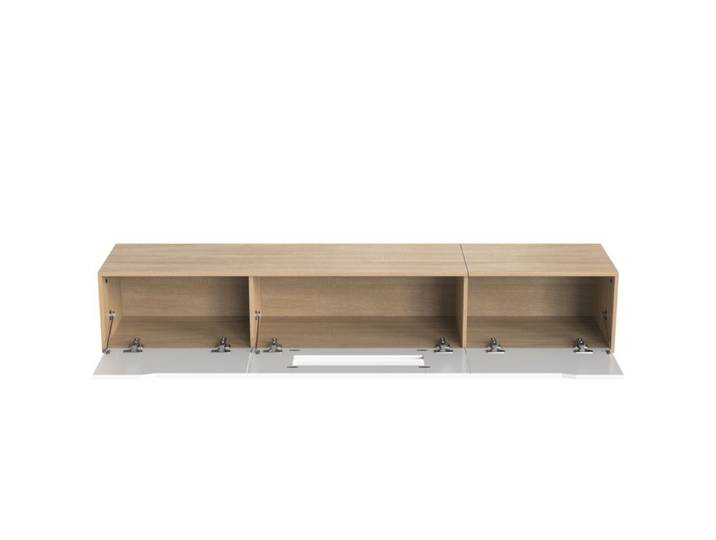 COVREO Meuble TV 180 cm blanc brillant et décor bois avec LED 16 couleurs montage mural