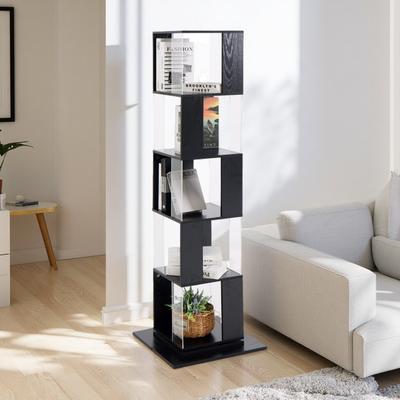 ZWYO HOSIMU "63""H 5-Tier Rotating Bookshelf - Wood Veneer & Acrylic Plate, Multi-Function Floor Rack with Anti-Toppling Base, Space-Saving"