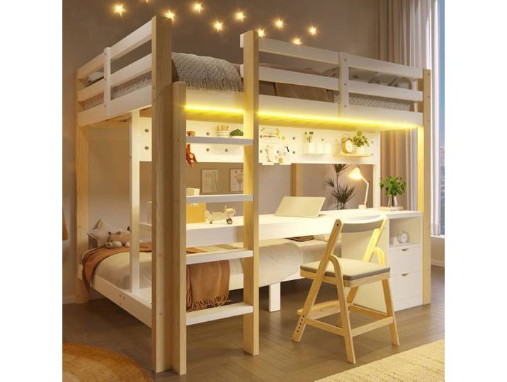 Lit superposé - SOGEU - Lit Superposé 90/140x200 cm - Bois de pin & MDF - Bureau intégré - Bande LED
