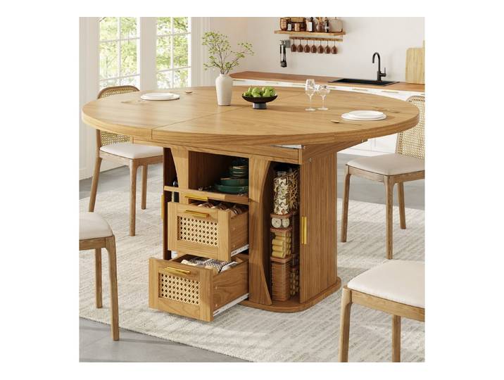 MODFU Esstisch MDF-Tisch in Holzoptik (mit Stauraum, 118–158cm Tisch mit Rattan-Schubladen, 1-St., 118-158*118*77.1cm)