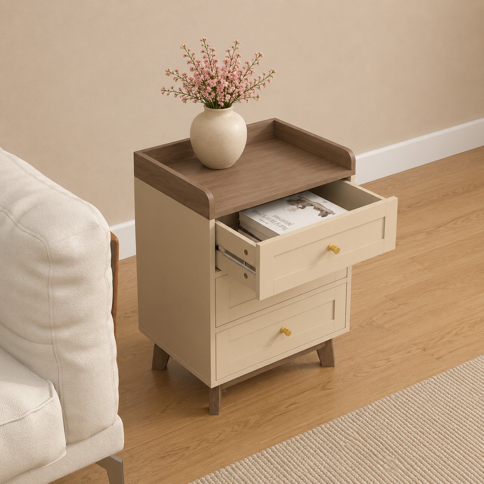 Pair of Cream & Wood 3 Drawer Bedside Tables - Oswin Range Manufactured Wood, Metal