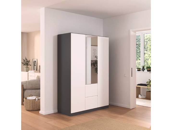 Drehtürenschrank Bristol mit Absetzung 136cm Grau/Alpinweiß mit Spiegeltür/-en