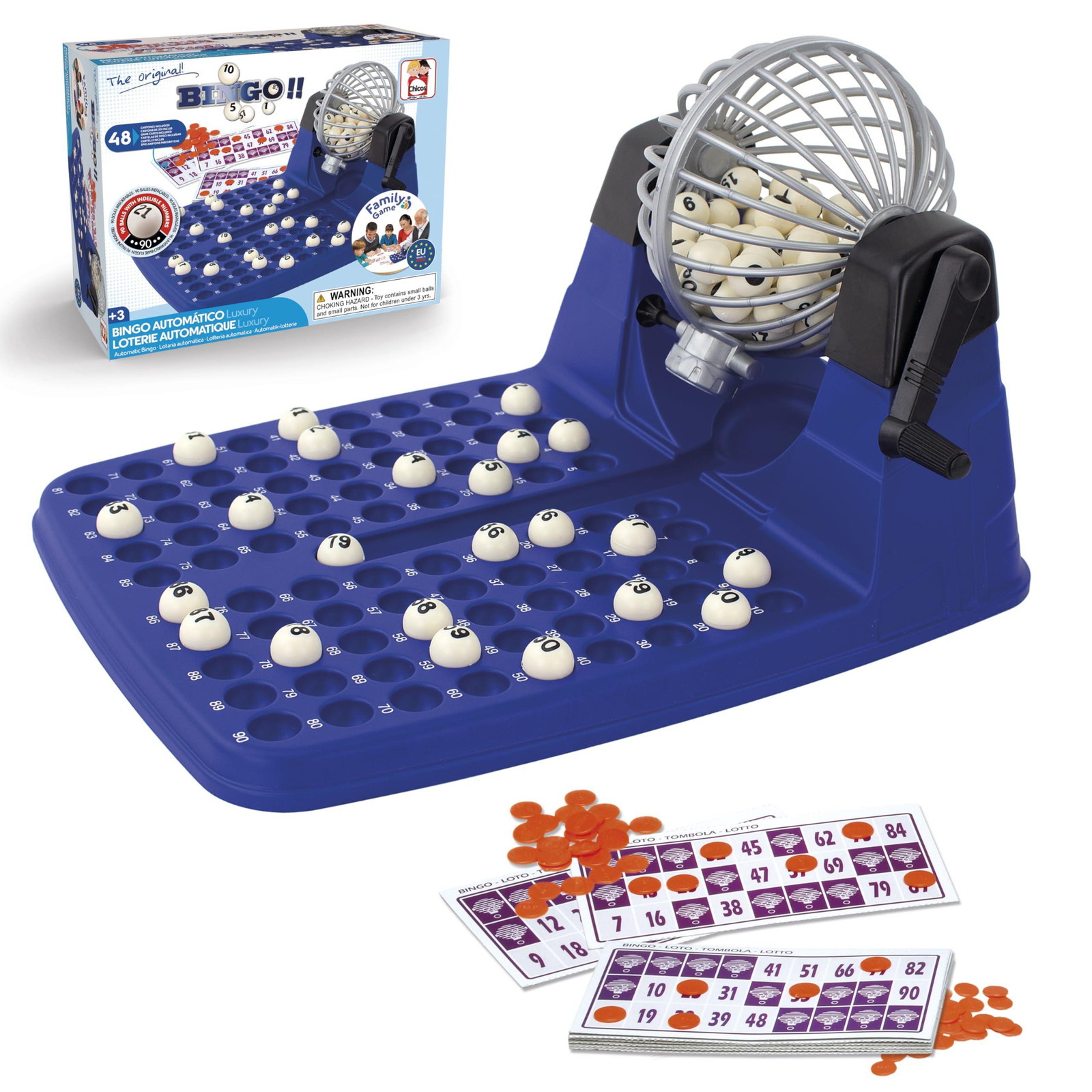 Chicos Bingo Spel met 48 speelkaarten, markeerchips en 90 genummerde ballen voor kinderen vanaf 3 jaar