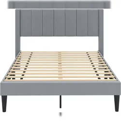 COSTWAY Bettgestell für 200 x 140 cm Matratze, Samtstoffgepolstertes Doppelbettgestell, Plattformbett mit Kopfteil
