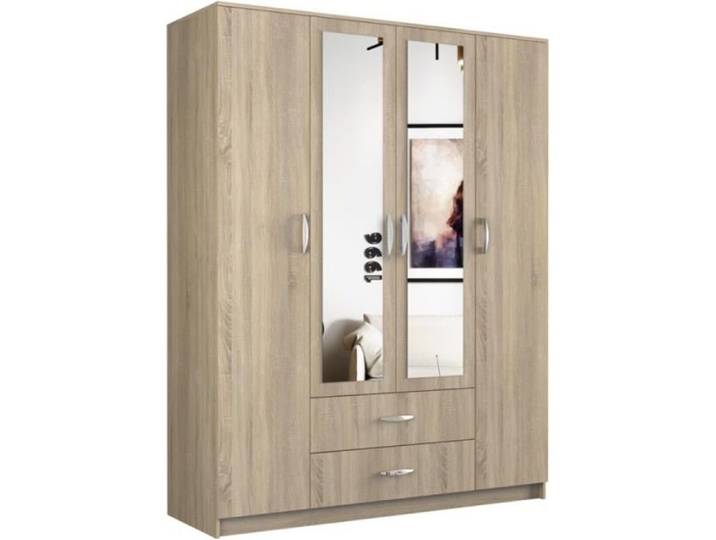 ROMA Grande Armoire chambre bureau 205x160x52 cm Penderie 2 portes 2 Miroirs 2 tiroirs Meuble de rangement Sonoma
