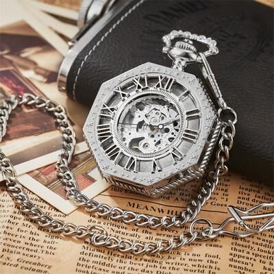 ModernMart Luxury Mechanical Skeleton Pocket Watch With Chain Vintage Steampunk Roman Dial Gold b