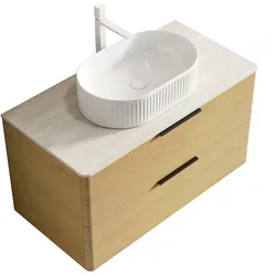 STILVORA Badezimmer-Waschtisch 62×90×46 cm mit ovalem Waschbecken aus Keramik, Travertin-Sintersteinplatte, gebogener Sperrholzkorpus Eiche+Weiß