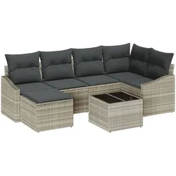 vidaXL 7-teiliges Garten Esszimmer Set mit Kissen Grau Poly Rattan