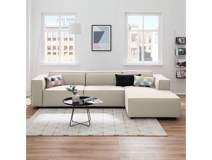 Ecksofa mit Longchair Weiß/Altweiß Webstoff Osta 294cm Longchair davorstehend rechts Sitztiefenverstellung Modern