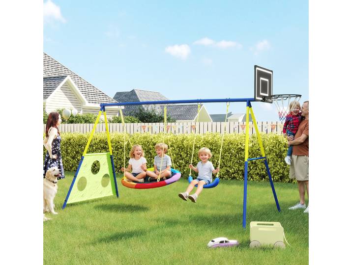 AIYAPLAY Portique 4-en-1 Balançoire-Nid & U avec Basket & Football